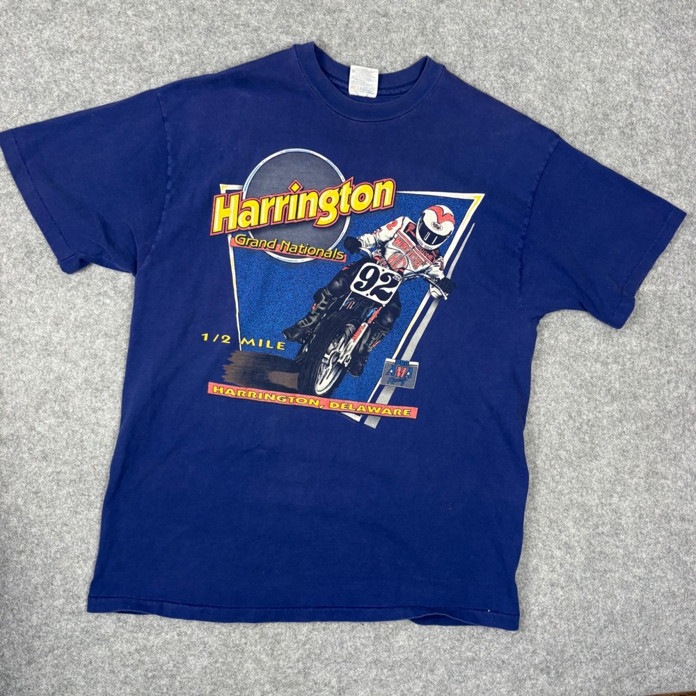 Vintage 1995 Harrington Grand Nationals Racing T-Shirt Hanes Beefy-T XL Blue 90s